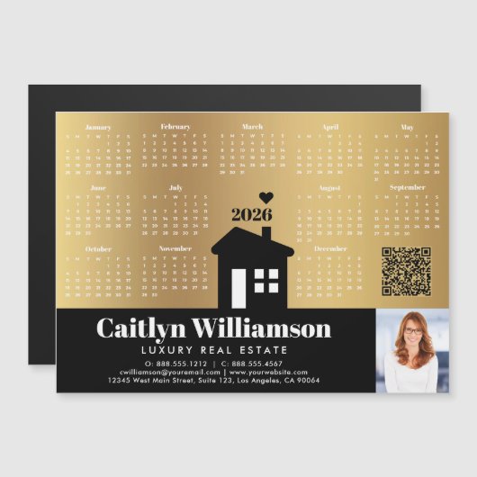 2026 Calendar Gold Realtor Foto QR Code Magnet (Vorne/Hinten)