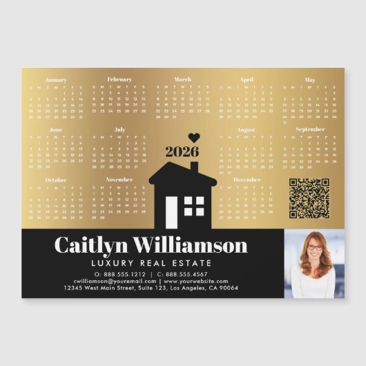 2026 Calendar Gold Realtor Foto QR Code Magnet (Vorderseite)