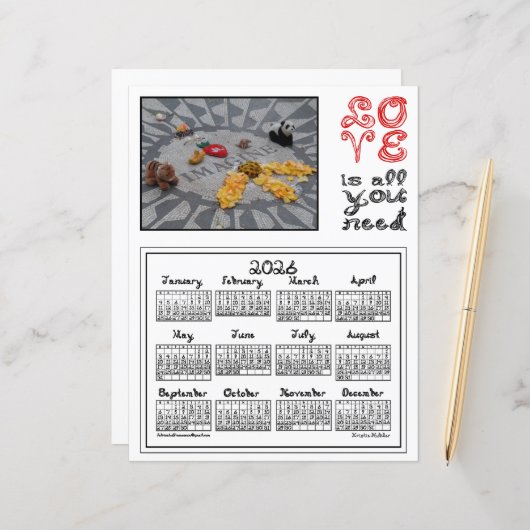 2026 Calendar Imagine Peace Photo Love Fabric Font (Vorderseite/Rückseite Beispiel)