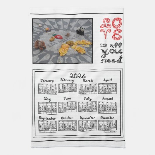 2026 Calendar Imagine Peace Photo LOVE Fabric Font Geschirrtuch (Vertikal)