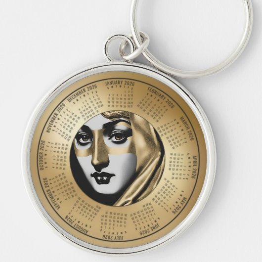 2026 Calendar Keychain Woman's Art Deco Face Gold Schlüsselanhänger (Vorne)