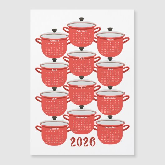 2026 Calendar Küche Rotes Kochgeschirr Magnetkarte (Vorderseite)