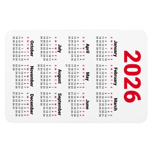 2026 Calendar Magnet | Red Black Gray White (Horizontal)