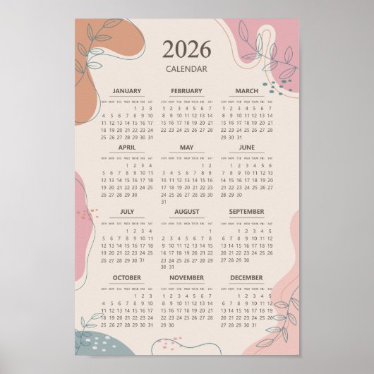 2026 Calendar Mid Century Abstrakt Boho Ästhetik Poster (Vorne)