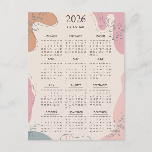 2026 Calendar Mid Century Abstrakt Boho Ästhetik Postkarte (Vorderseite)