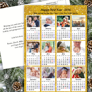 2026 Calendar Moderne 12 Foto Gold Glitzer Feiertagspostkarte