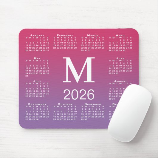 2026 Calendar Monogram on Pink to Purple Gradient Mousepad (Mit Mouse)