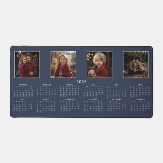 2026 Calendar Navy Blue Modern Foto Collage Schreibtischunterlage (Vorderseite)