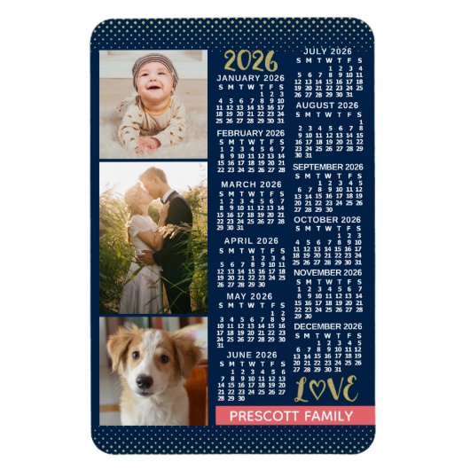 2026 Calendar Navy Coral Gold Family Photo Collage Magnet (Vertikal)