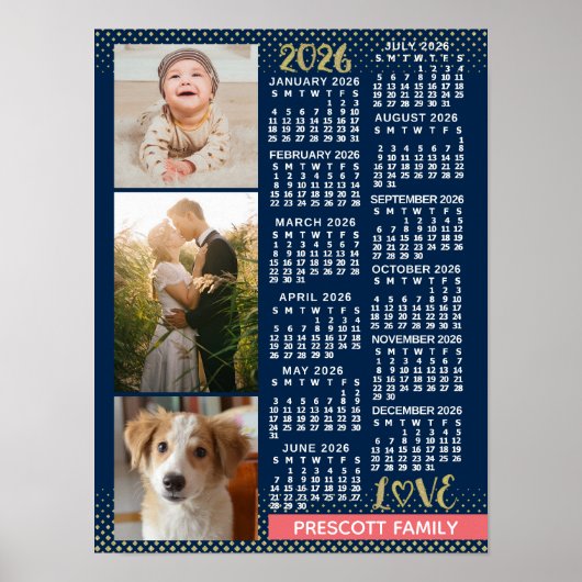 2026 Calendar Navy Coral Gold Family Photo Collage Poster (Vorne)