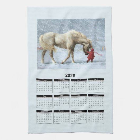 2026 Calendar of a Horse and Girl in Winter Snow Geschirrtuch (Vertikal)