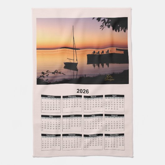 2026 Calendar of a Sunset on Lake with Silhouette Geschirrtuch (Vertikal)