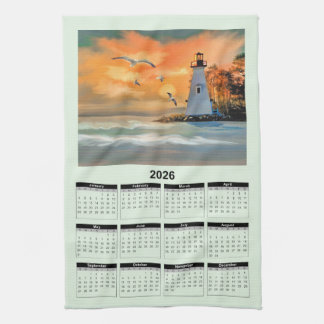 2026 Calendar of a White Lighthouse in Sunset Geschirrtuch