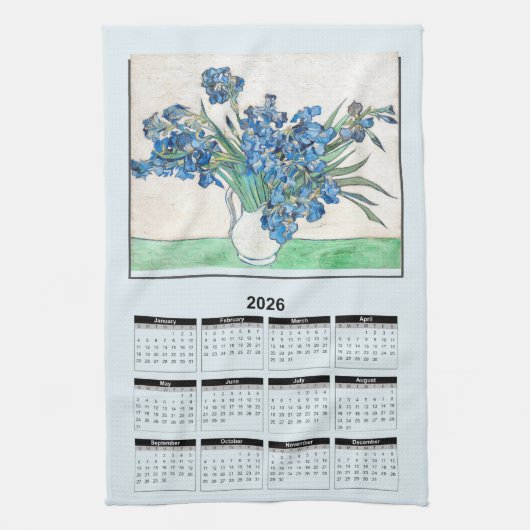 2026 Calendar of Van Gogh Blue Flowers in Vase Geschirrtuch (Vertikal)