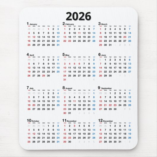 2026 Calendar On White Mousepad (Vorne)