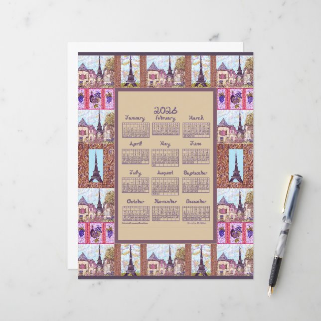 2026 Calendar Paris Eiffel Tower Pointillism Art (Vorderseite/Rückseite Beispiel)