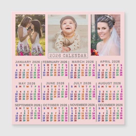 2026 Calendar Pink Family Photo Collage Magnet (Vorderseite)