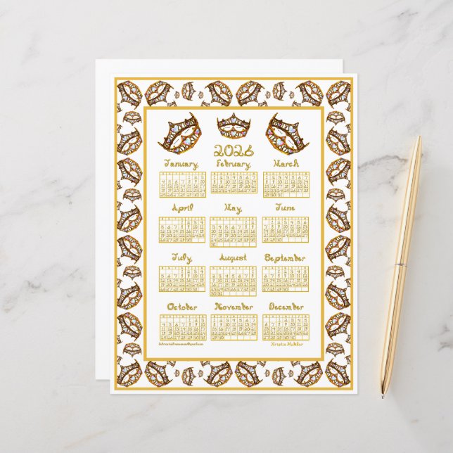 2026 Calendar Queen Hearts Gold Crown Fabric Font (Vorderseite/Rückseite Beispiel)