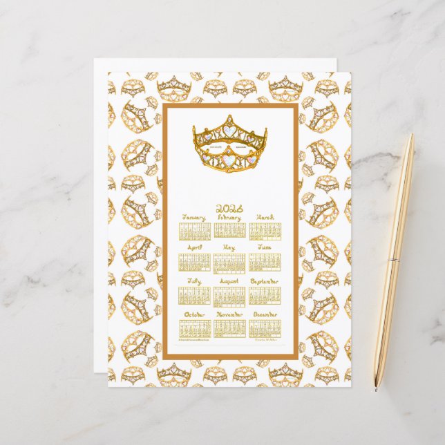 2026 Calendar Queen Hearts Gold Crown Fabric Font (Vorderseite/Rückseite Beispiel)