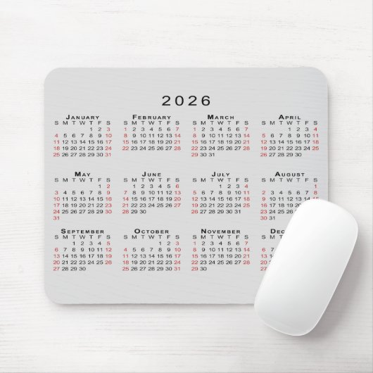 2026 Calendar Simple Gray Black Red Mousepad (Mit Mouse)