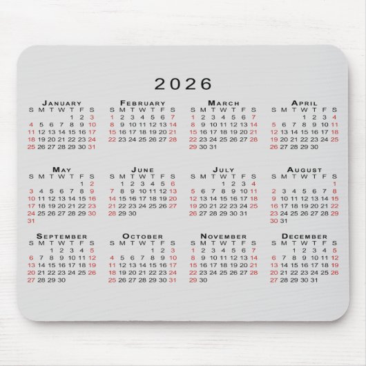 2026 Calendar Simple Gray Black Red Mousepad (Vorne)