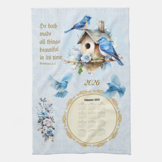 2026 Calendar Towel Bluebirds Birdhouse Ecc 3:11 Geschirrtuch (Vertikal)