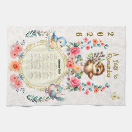 2026 Calendar Towel Cute Folk Floral Birds Geschirrtuch