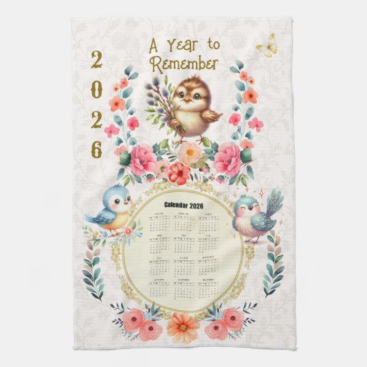 2026 Calendar Towel Cute Folk Floral Birds Geschirrtuch (Vertikal)