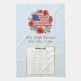 2026 Calendar Towel God Bless America Flag Poppies Geschirrtuch
