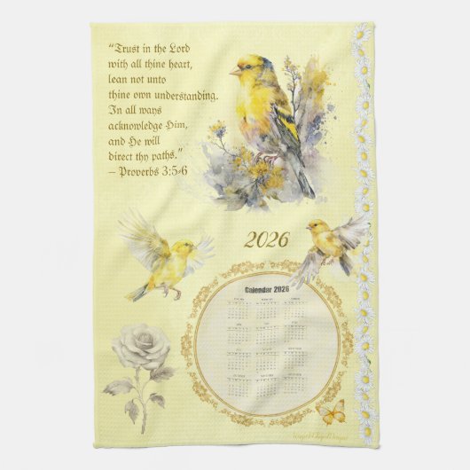 2026 Calendar Towel Goldfinch Trust in the Lord Geschirrtuch (Vertikal)