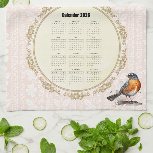 2026 Calendar Towel Robin Bird Peach Damask Geschirrtuch (Gefaltet)