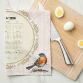 2026 Calendar Towel Robin Bird Peach Damask Geschirrtuch (Viertel Falte)