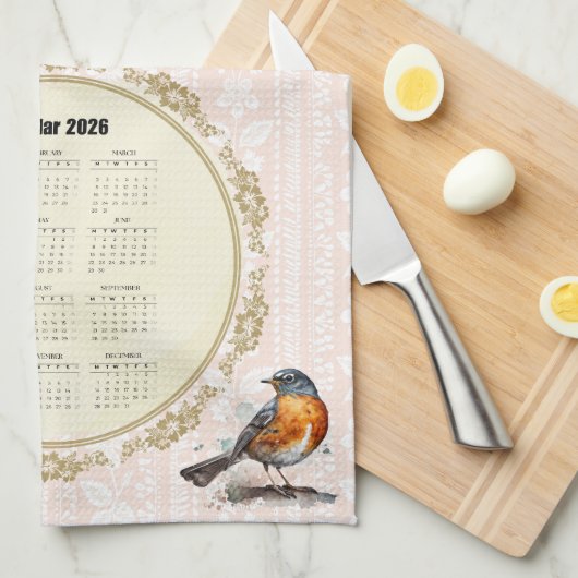 2026 Calendar Towel Robin Bird Peach Damask Geschirrtuch (Viertel Falte)