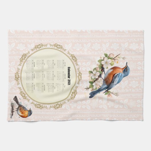 2026 Calendar Towel Robin Bird Peach Damask Geschirrtuch (Horizontal)