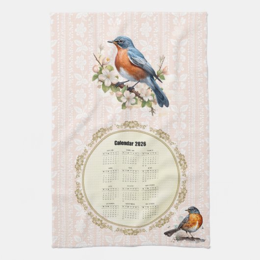 2026 Calendar Towel Robin Bird Peach Damask Geschirrtuch (Vertikal)