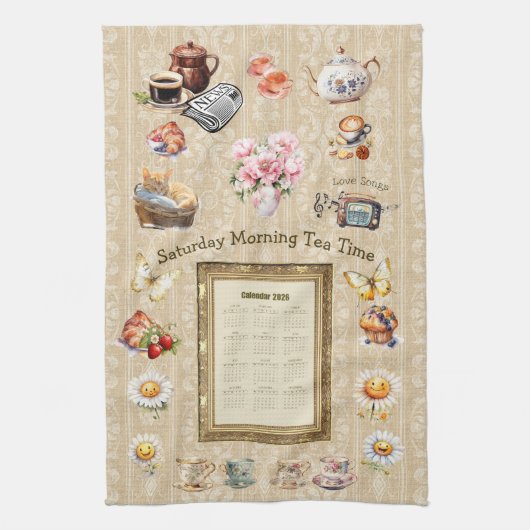 2026 Calendar Towel Saturday Morning Tea Time Geschirrtuch (Vertikal)