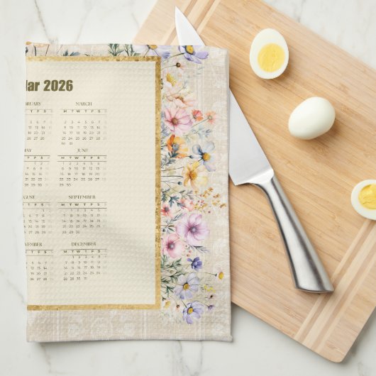 2026 Calendar Towel Sparrow with Wildflowers Geschirrtuch (Viertel Falte)