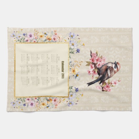 2026 Calendar Towel Sparrow with Wildflowers Geschirrtuch (Horizontal)