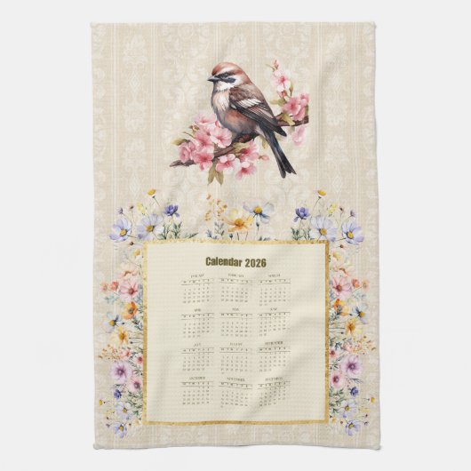 2026 Calendar Towel Sparrow with Wildflowers Geschirrtuch (Vertikal)