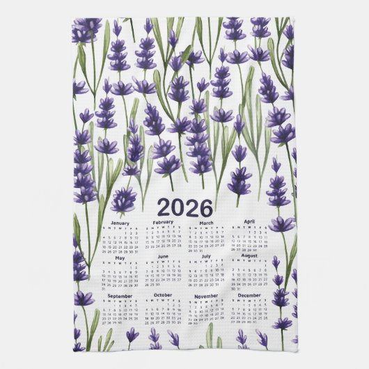 2026 Calendar Wasserfarben Lila Lavendel Blume Geschirrtuch (Vertikal)