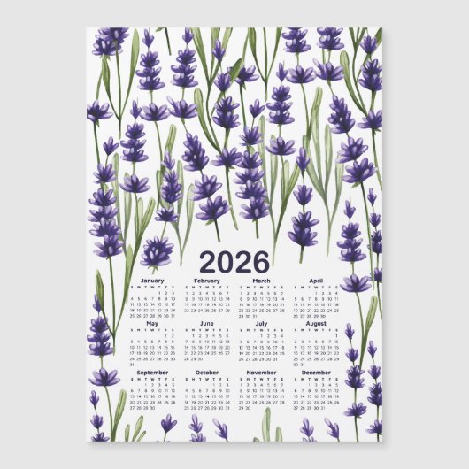 2026 Calendar Wasserfarben Lila Lavendel Blume Magnetkarte (Vorderseite)