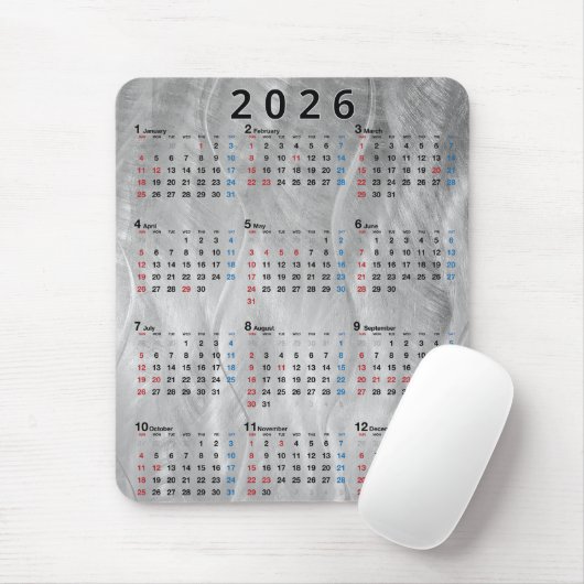 2026 Calendar Wavy Brushed Steel Abstract Mousepad (Mit Mouse)