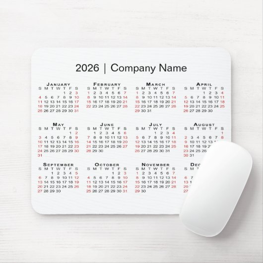 2026 Calendar with Company Name on White Mousepad (Mit Mouse)