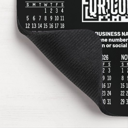 2026 Calendar with QR Code Contact Info Black Mousepad (Ecke)