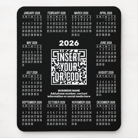 2026 Calendar with QR Code Contact Info Black Mousepad (Vorne)