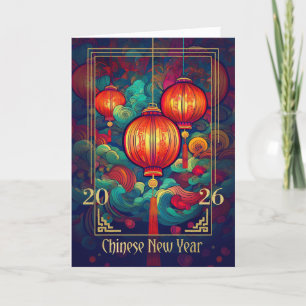 2026 Chinesische Neujahrsläufe und Wirbel Feiertagskarte