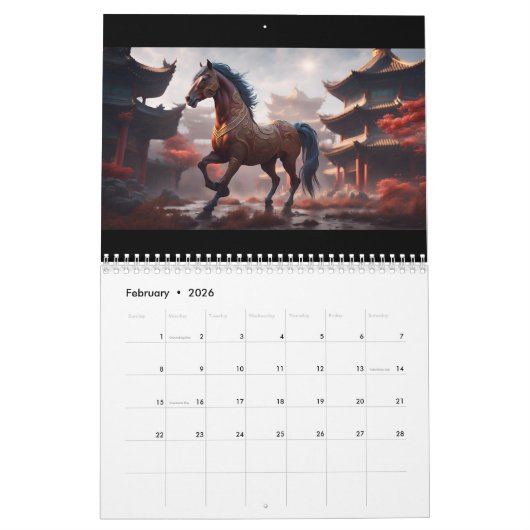 2026 Chinesische Zodiakische Tiere im Pferdejahr v Kalender (Feb 2026)
