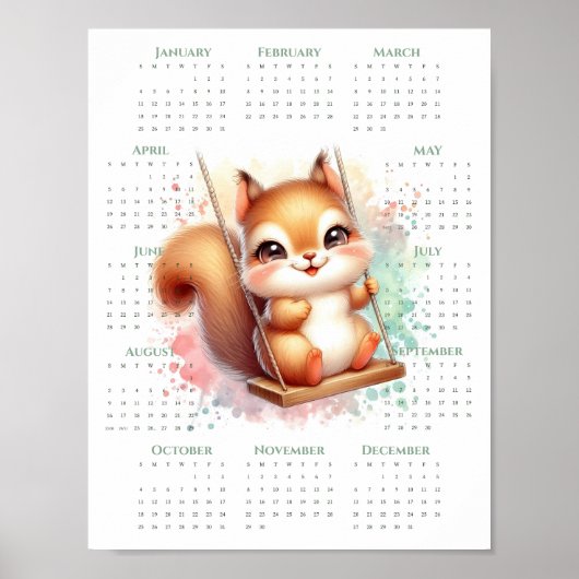 2026 Ein-Seiten-Kalender Süßes Eichhörnchen auf Sc Poster (Vorne)