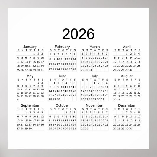 2026 Einfacher Minimalistischer Kalender Poster (Vorne)