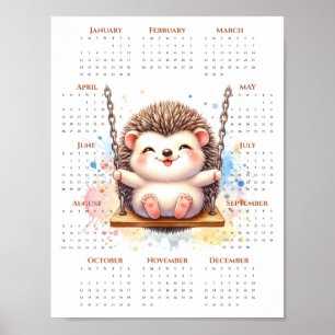 2026 Einseiten-Kalender Süßer Igel auf Schaukel Poster